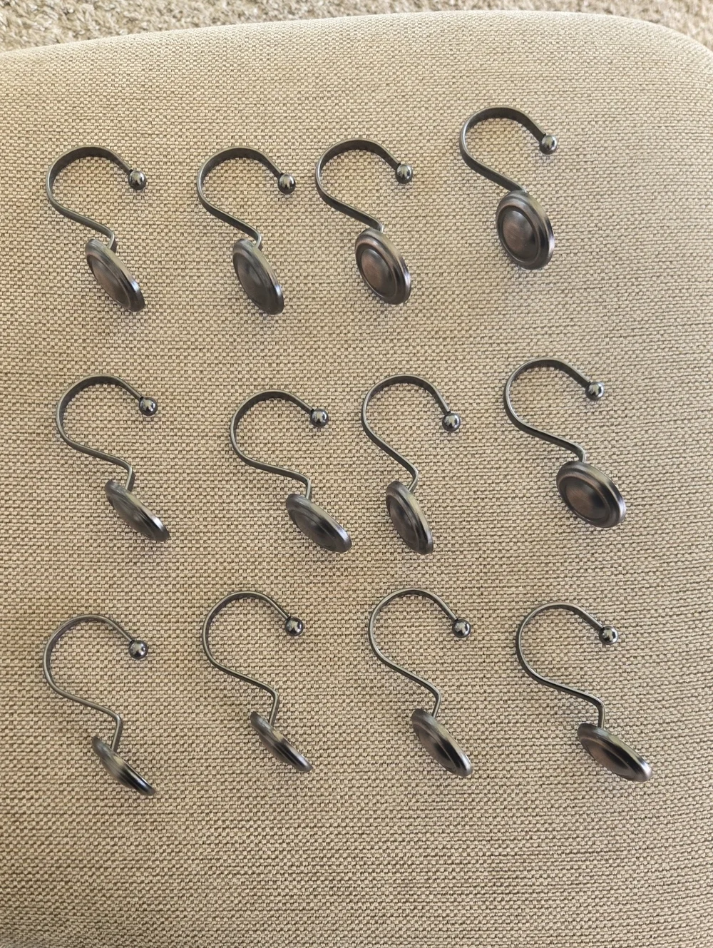 Set of 12 Metal Shower Curtain Hooks in Antique Bronze